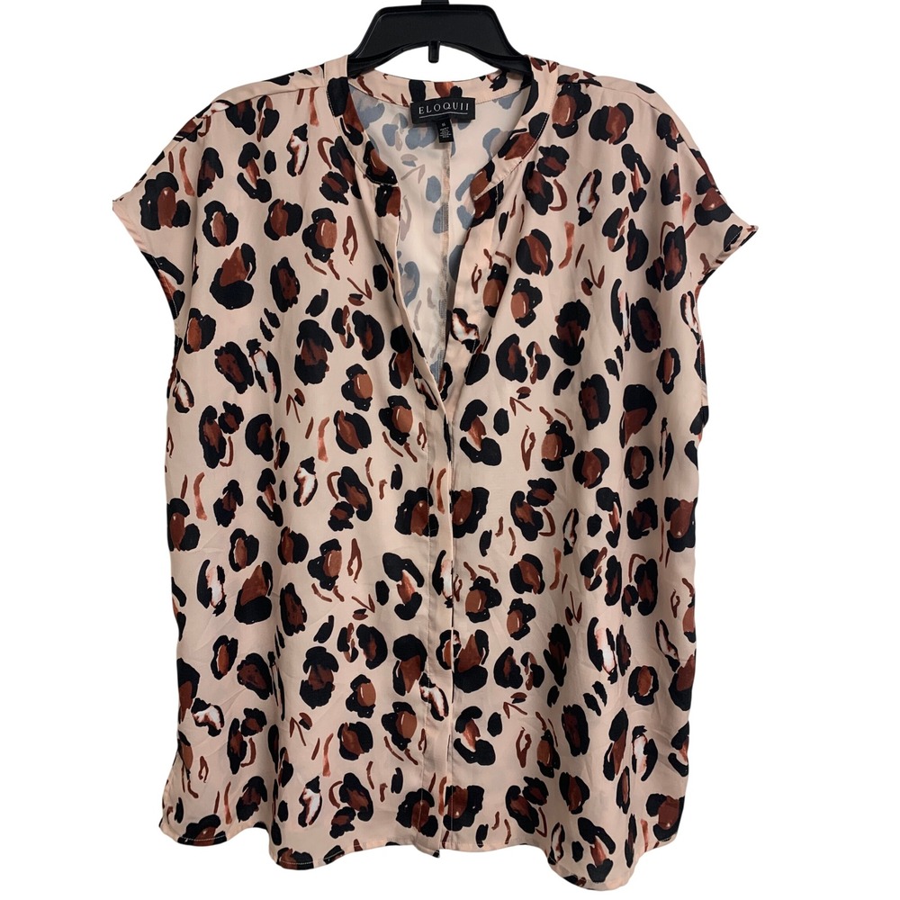 Eloquii Pink Leopard Animal Print Button Front Blouse Size 16 Cap Sleeve